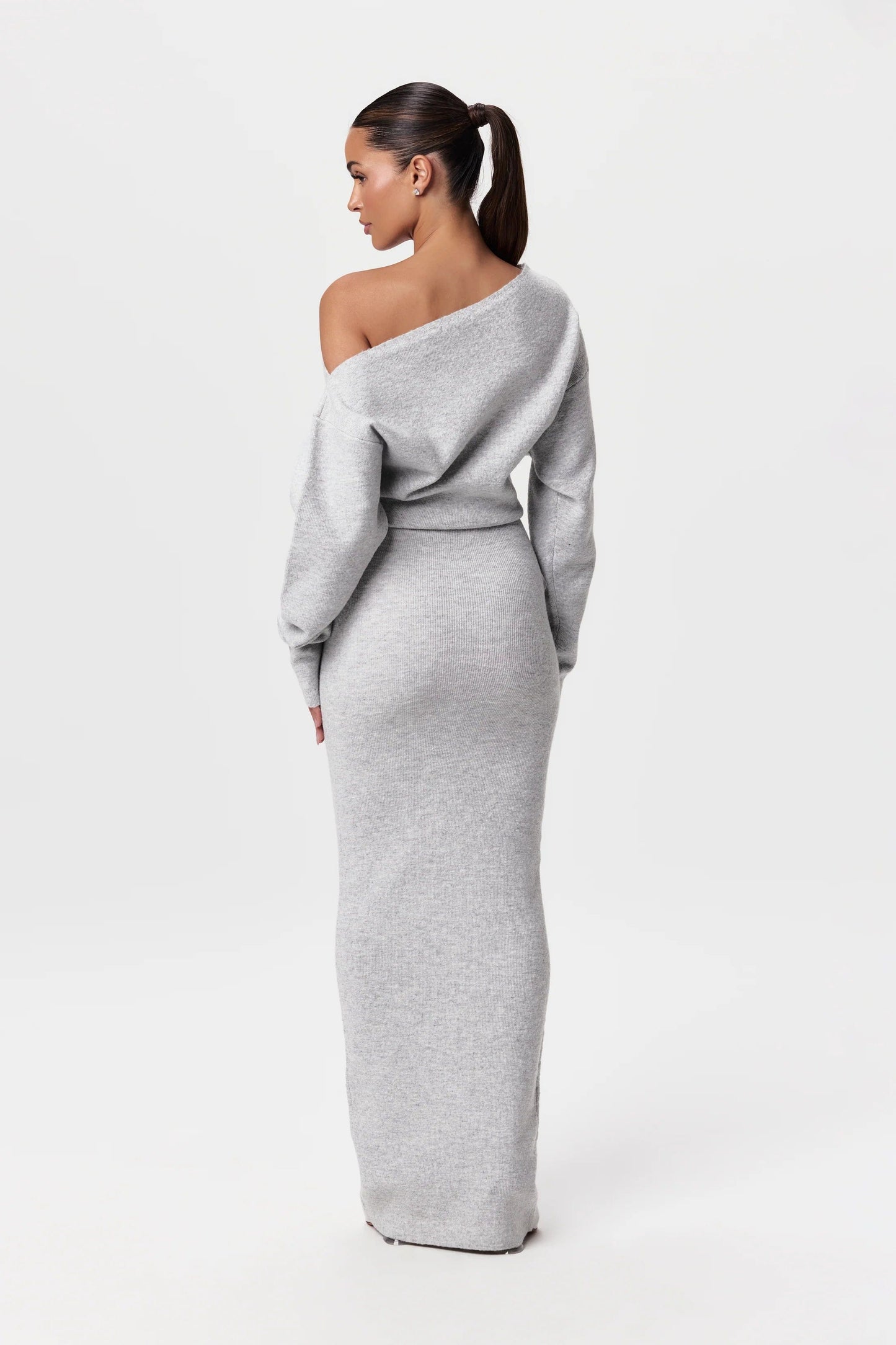 Damen Off-Shoulder Maxikleid Strick Figurbetonter Stil