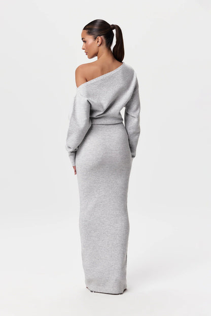 Damen Off-Shoulder Maxikleid Strick Figurbetonter Stil