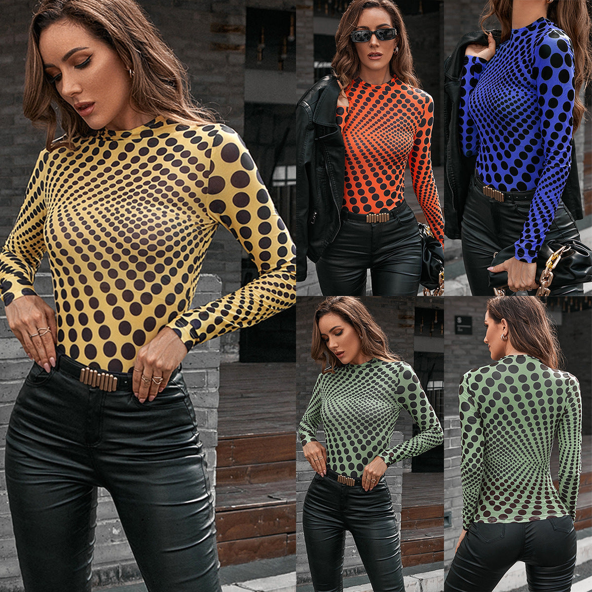 Damen Langarmshirt Figurbetont Punktemuster Schwarz - Norvielle