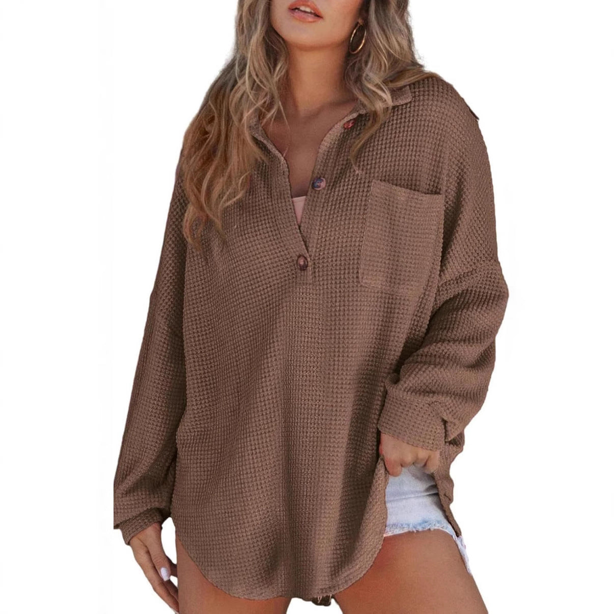 Damen Oversized Baumwollhemd mit Brusttasche und Knöpfen