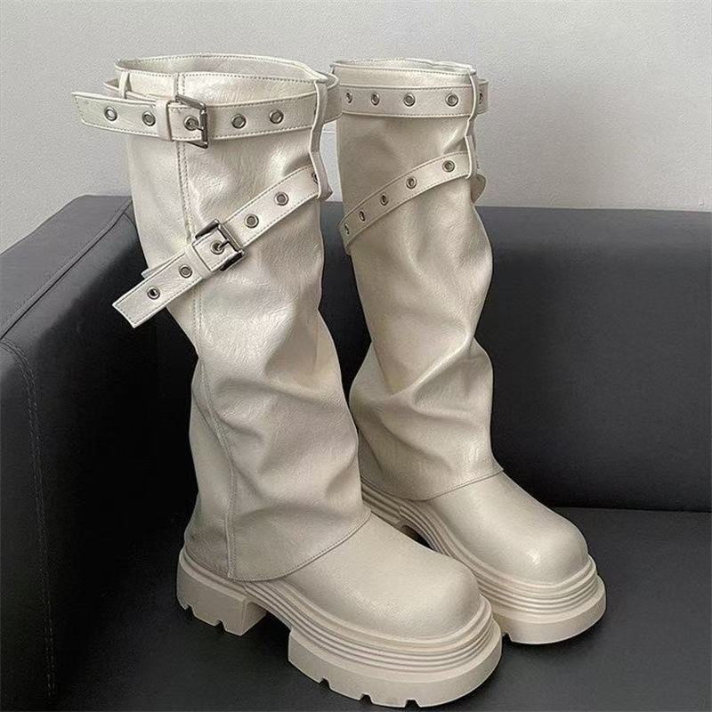Damen Plateau-Stiefel Schnallenverschluss Elegantes Design Schwarz - Norvielle