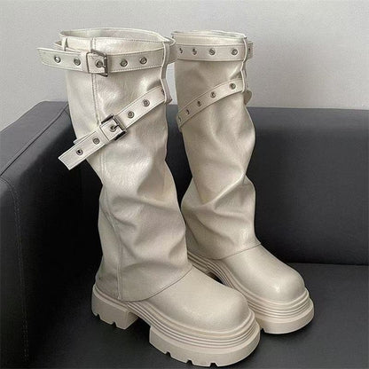 Damen Plateau-Stiefel Schnallenverschluss Elegantes Design Schwarz - Norvielle