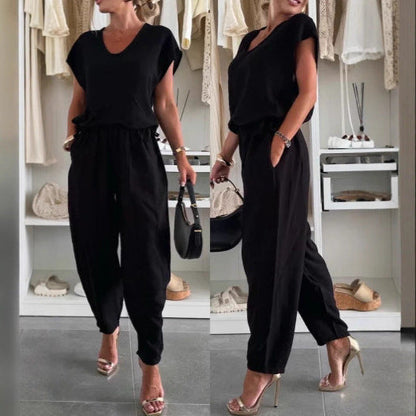 Damen Jumpsuit Elastisch Mit Taschen Bequem Schwarz - Norvielle