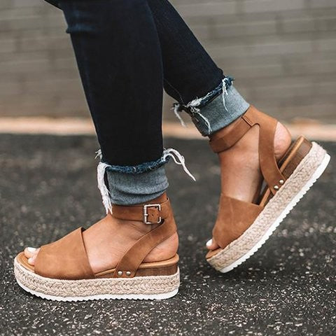 Damen Plateau-Sandaletten Keilabsatz Knöchelriemen Schuhe - Norvielle