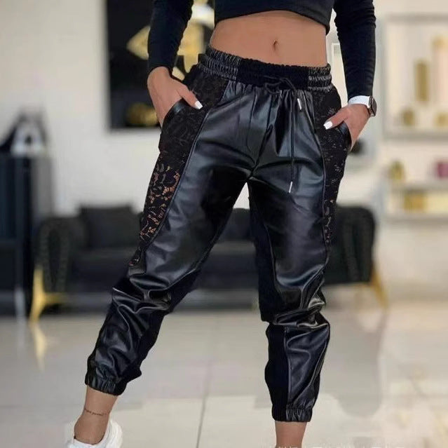 Damen Jogginghose Elastisch Spitzeinsätze Schwarz - Norvielle