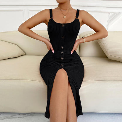 Damen Knielanges Kleid Rippmuster Knöpfe