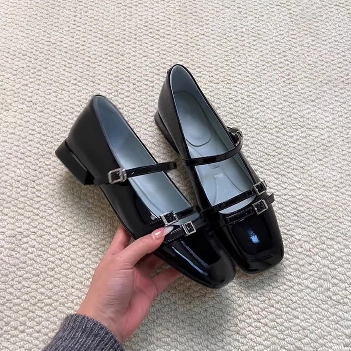 Damen Ballerinas Doppelriemen Glänzend