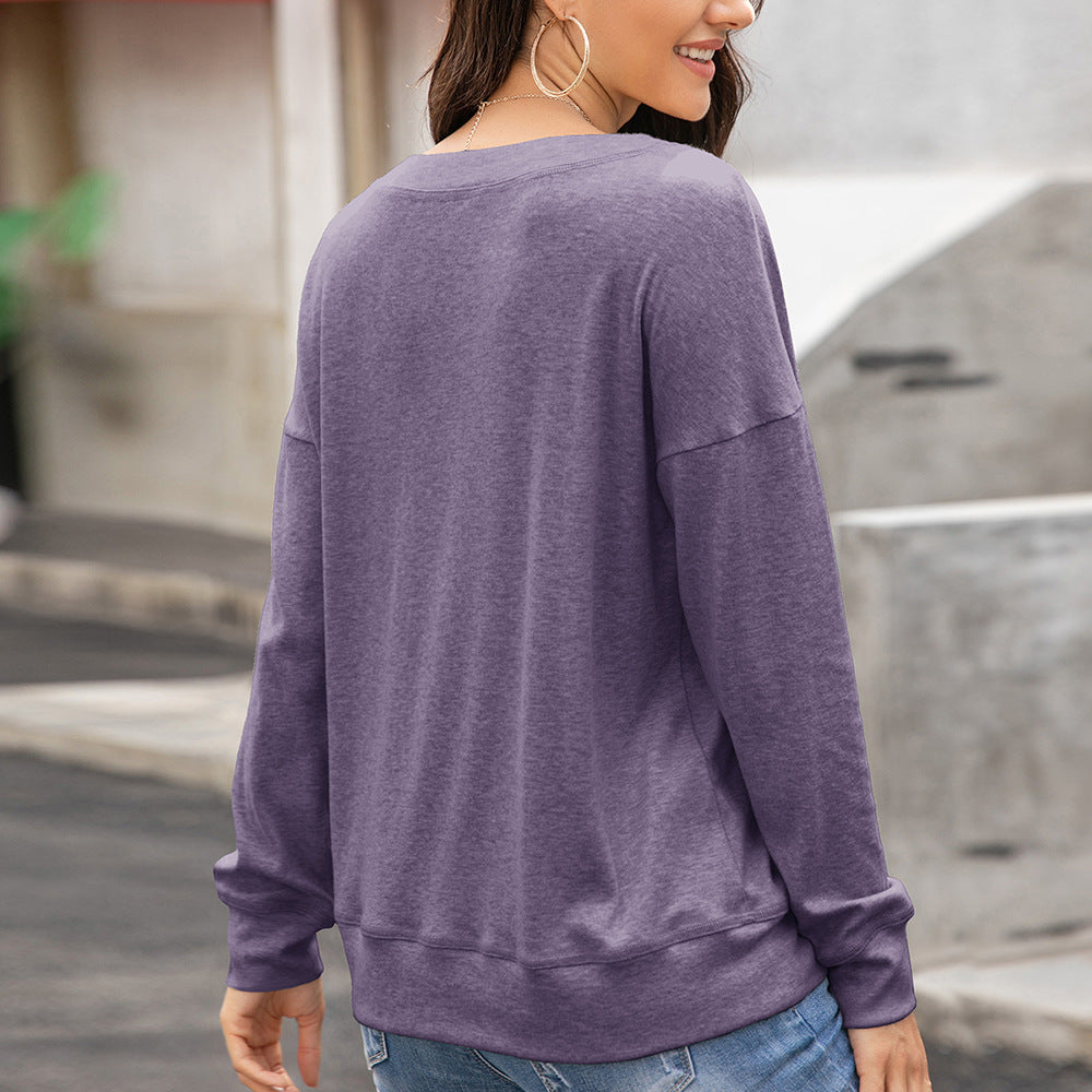 Damen Langarmshirt Rundhals Knöpfe Elegantes Baumwolle