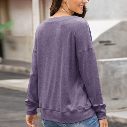 Damen Langarmshirt Rundhals Knöpfe Elegantes Baumwolle