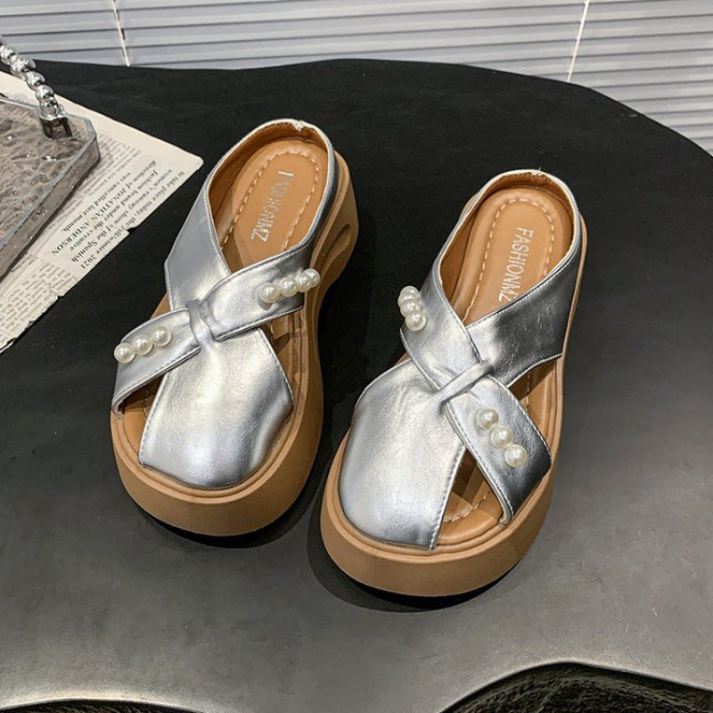 Damen Plateausandalen Perlen