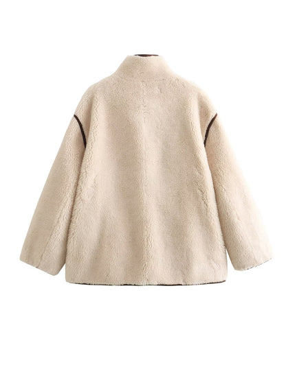 Damen Teddyjacke Stehkragen Warm mit Taschen