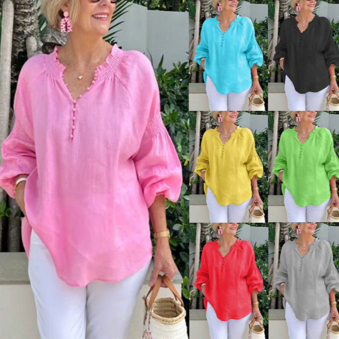 Damen Bluse Elastisch Puffärmel Mit Knöpfen