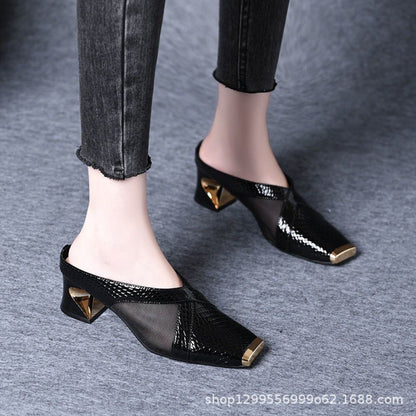 Damen Mules Blockabsatz Schuhe Heidi Stil