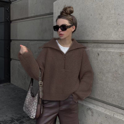 Damen Rippstrickpullover Weich Warm Reißverschluss Lässig