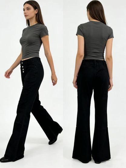 Damen High Waist Bootcut Jeans mit Knopfleiste