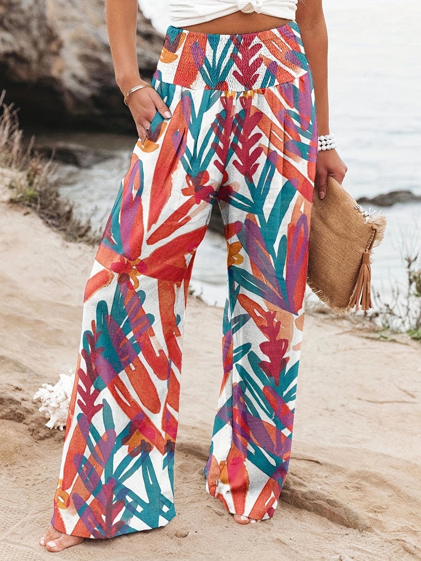 Damen Strandhose Bequem Elastisch Floral