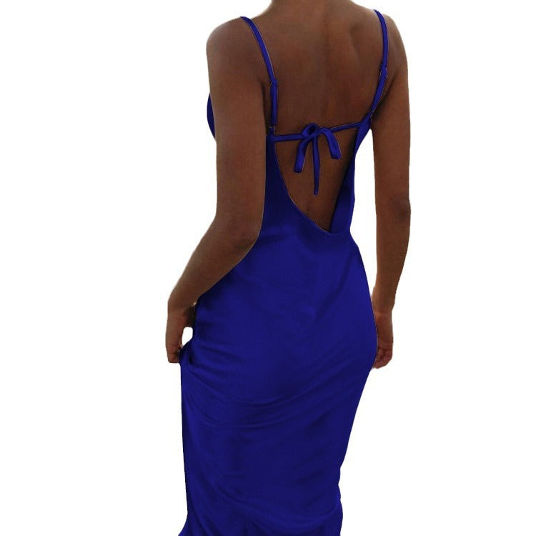 Damen Maxikleid Elegantes Satin Lang Mit Trägern