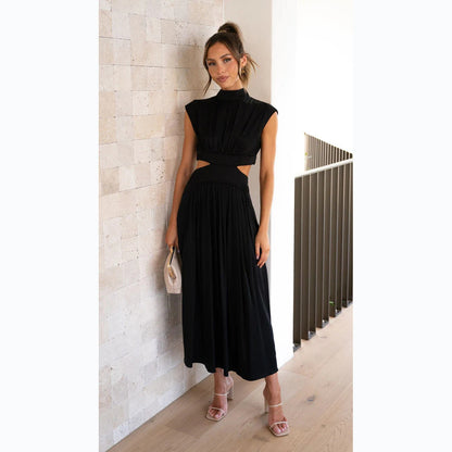 Damen Maxikleid Stehkragen Elegant Cut Out