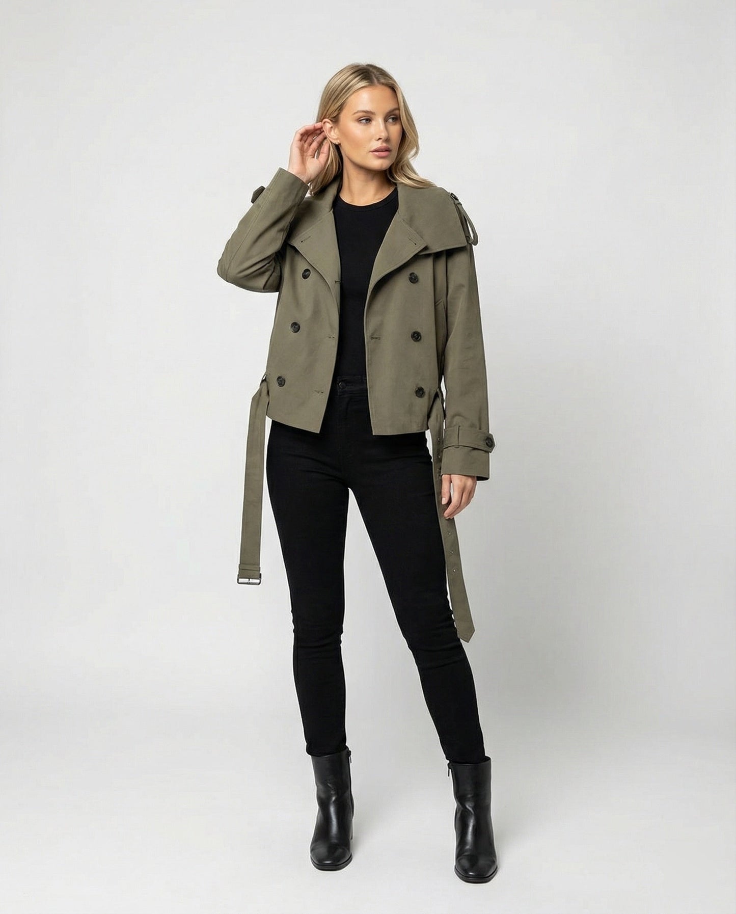 Damen Trenchcoat Kurz Doppelt Knöpft Mit Taillengürtel