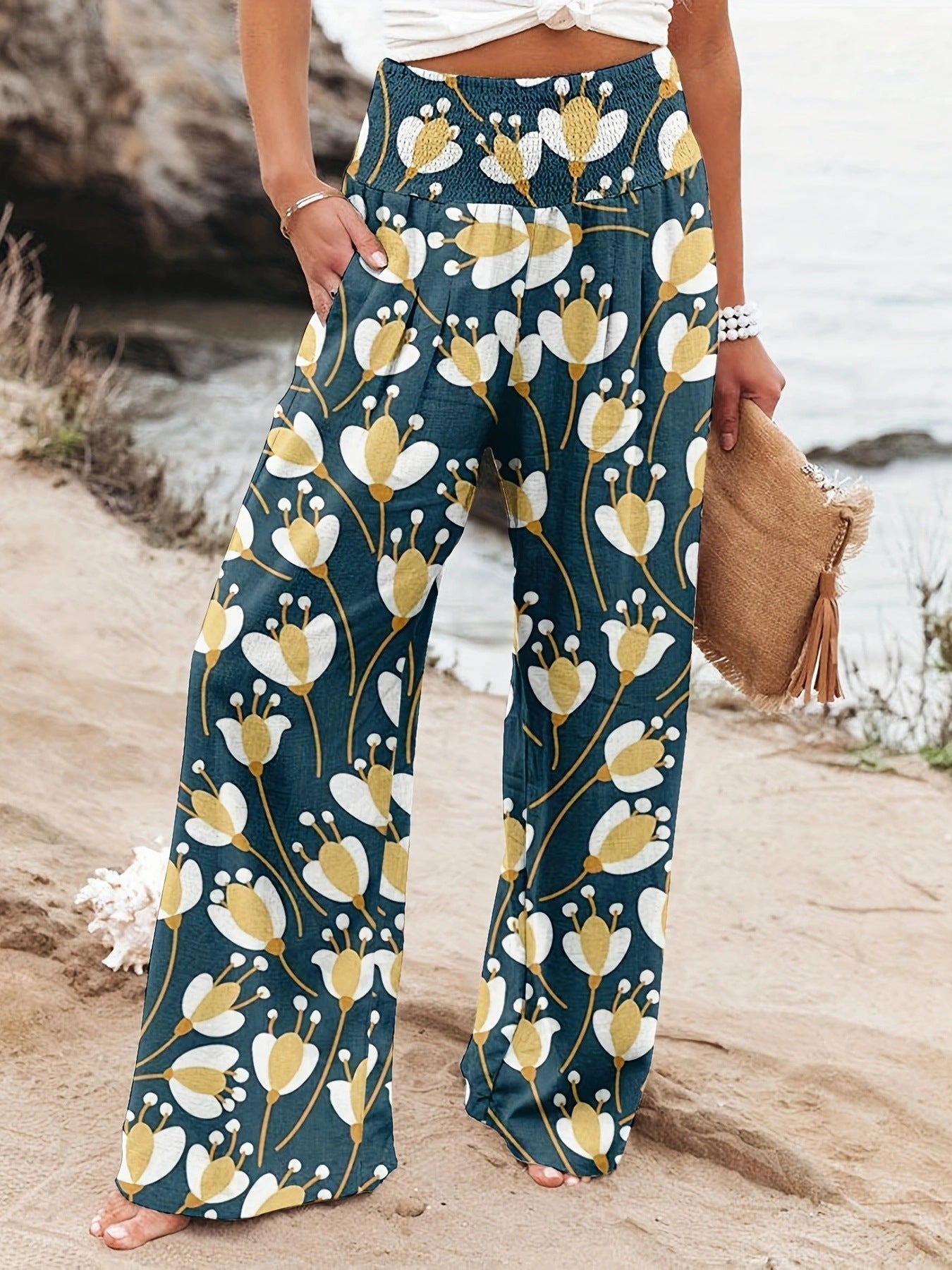 Damen Strandhose Bequem Elastisch Floral
