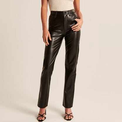 Damen Stretchhose Kunstleder Schwarz Geradbein - Norvielle