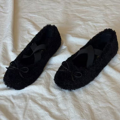 Damen Ballerinas Weiches Plüsch Schleifendetail Rosa
