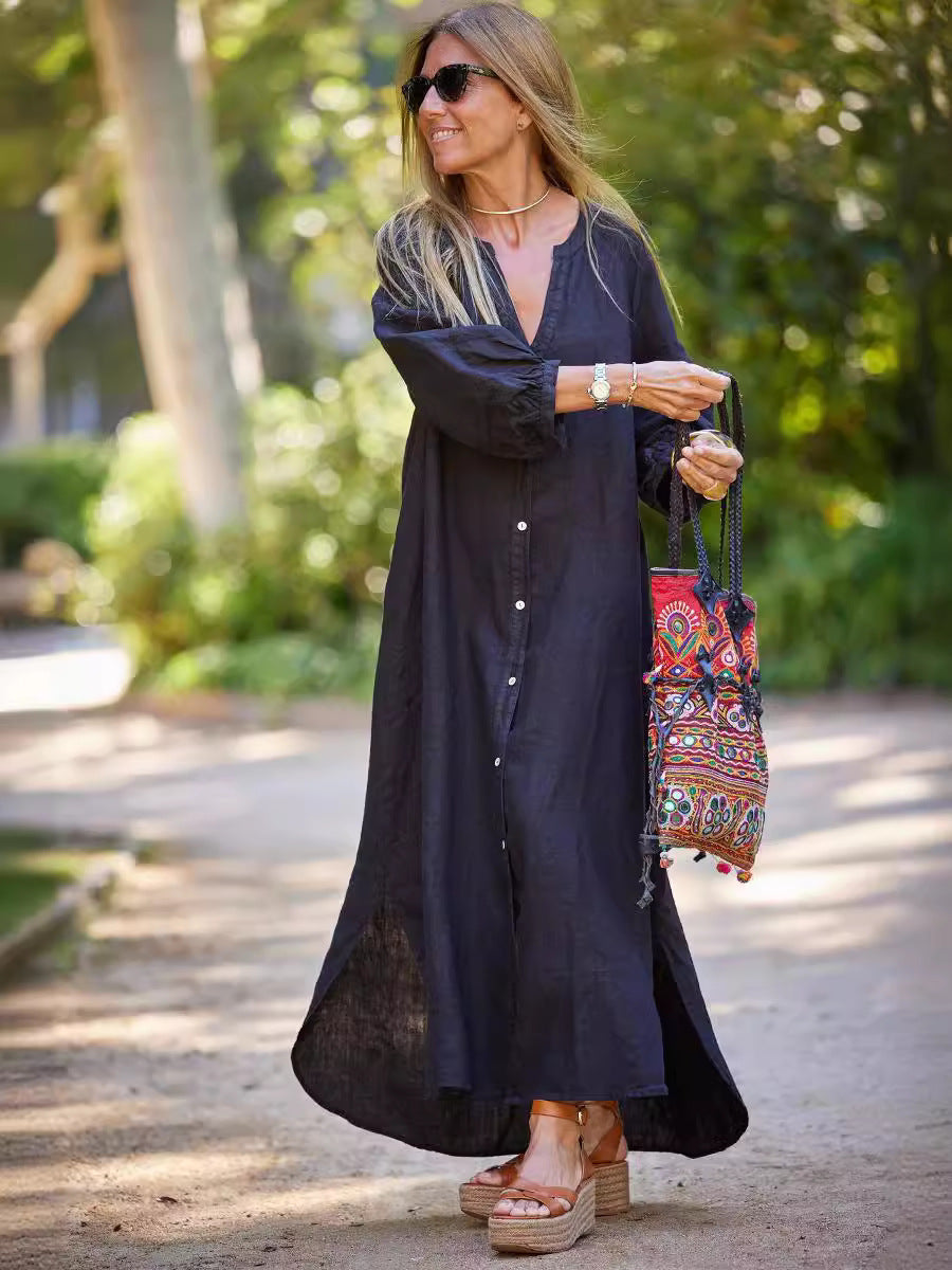 Damen Langkleid Elegantes Maxikleid mit Knöpfen