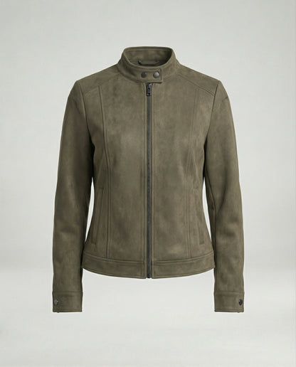 Damen Lederjacke Kurz Velours Stehkragen