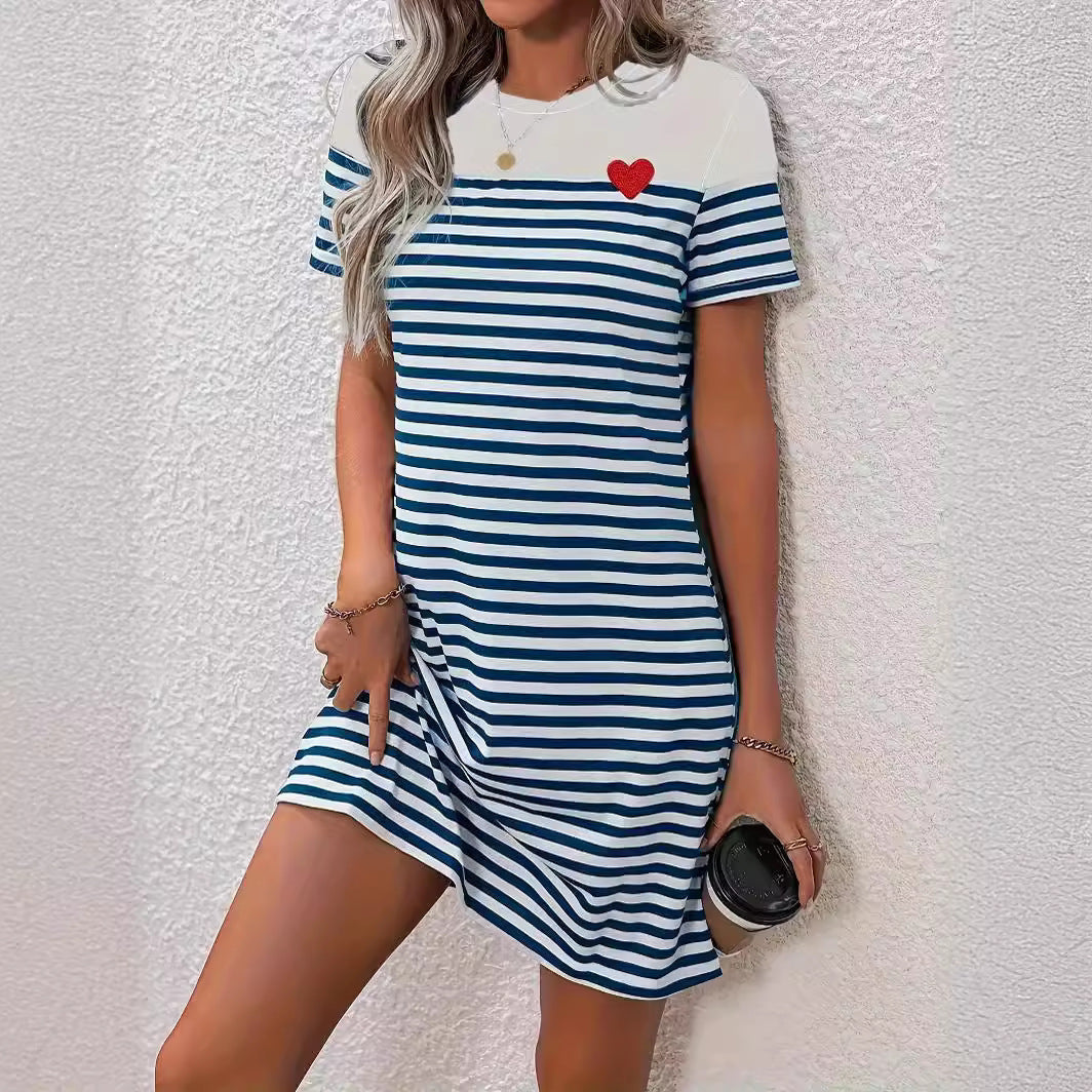 Damen Sommerkleid Streifenmuster Mit Herzapplikation