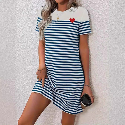 Damen Sommerkleid Streifenmuster Mit Herzapplikation