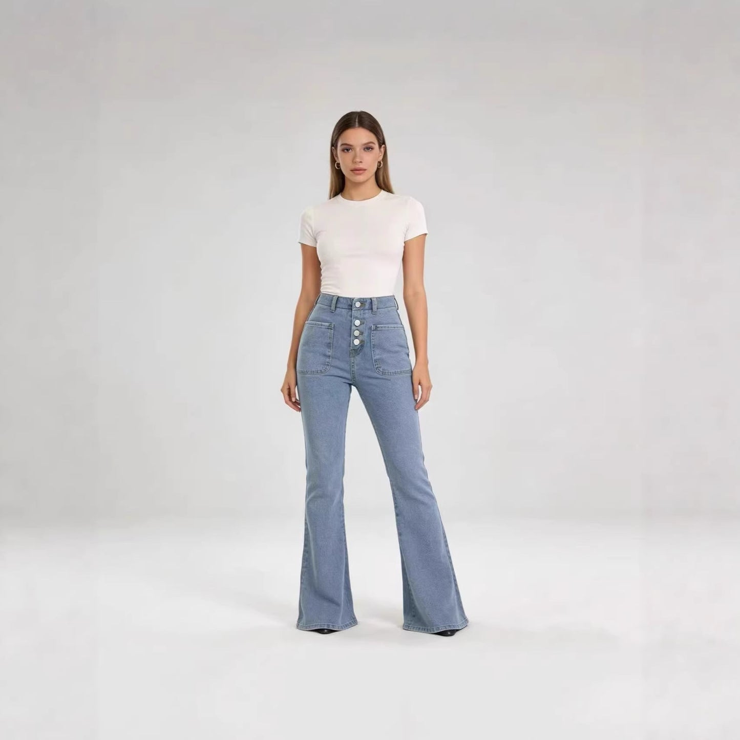 Damen High Waist Bootcut Jeans mit Knopfleiste