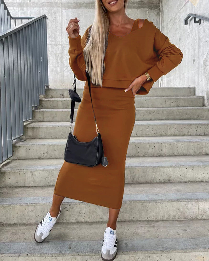 Damen Pullover Set mit Midi Rock aus Kaschmir Casual