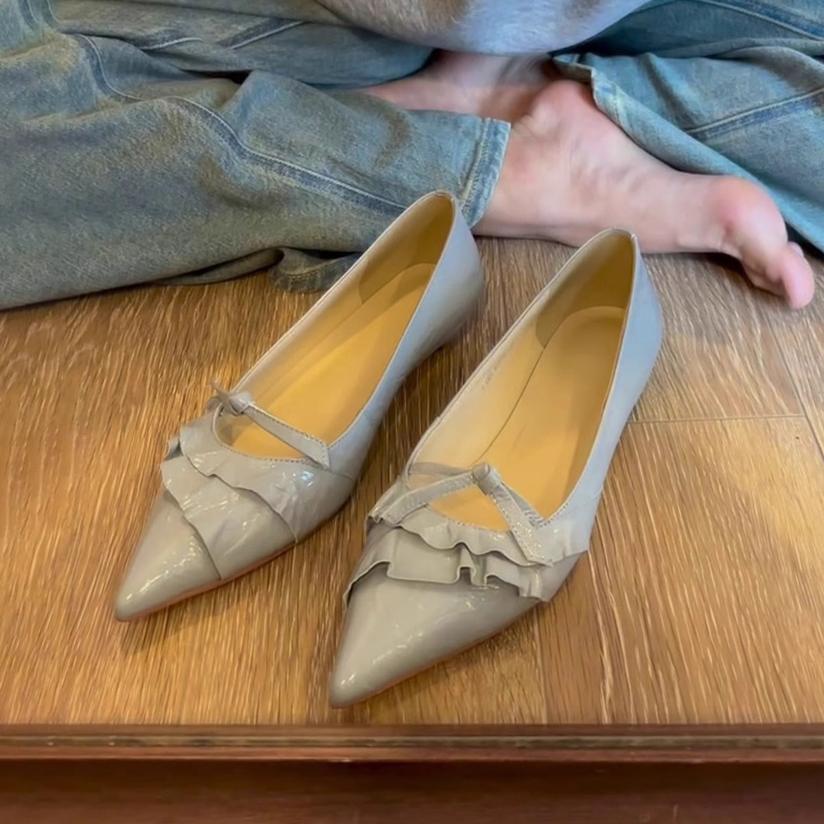 Damen Ballerinas Spitze Lack Schuhe Elegant Mit Rüschendetail