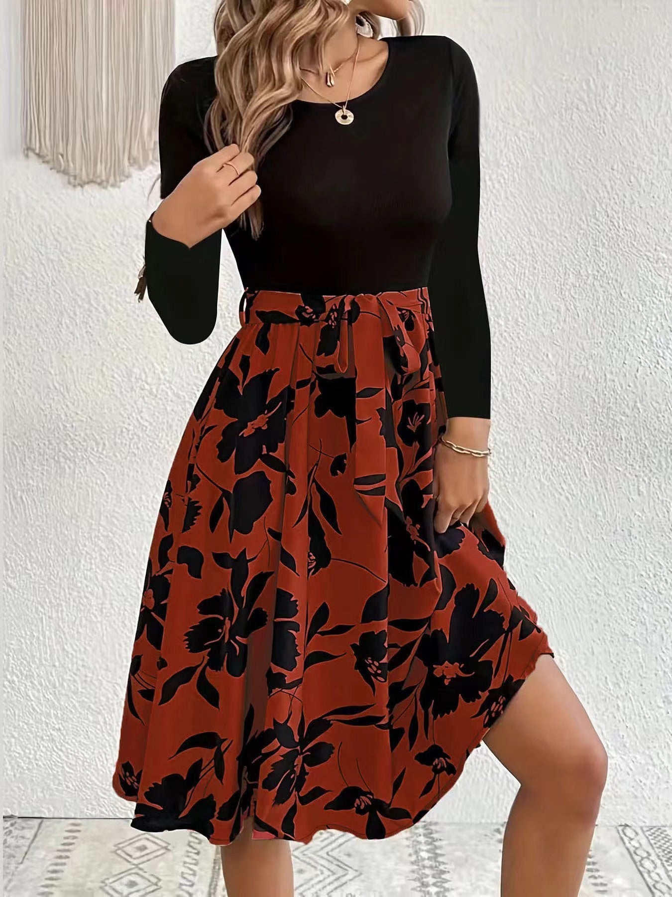 Damen Midikleid Floral Gesmoktes Oberteil