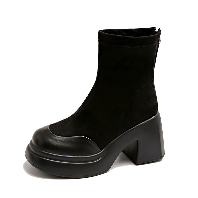 Damen High Heels Stiefel mit Blockabsatz und Reißverschluss