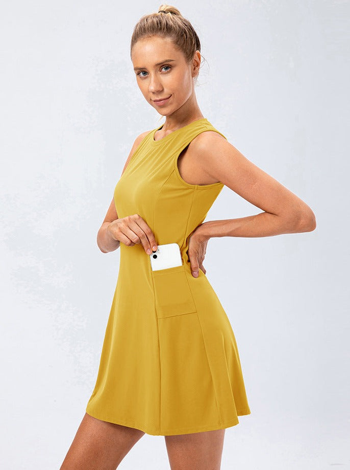 Gelbes Damen Tenniskleid A-Linie Ärmellos Sportlich Sommerkleid