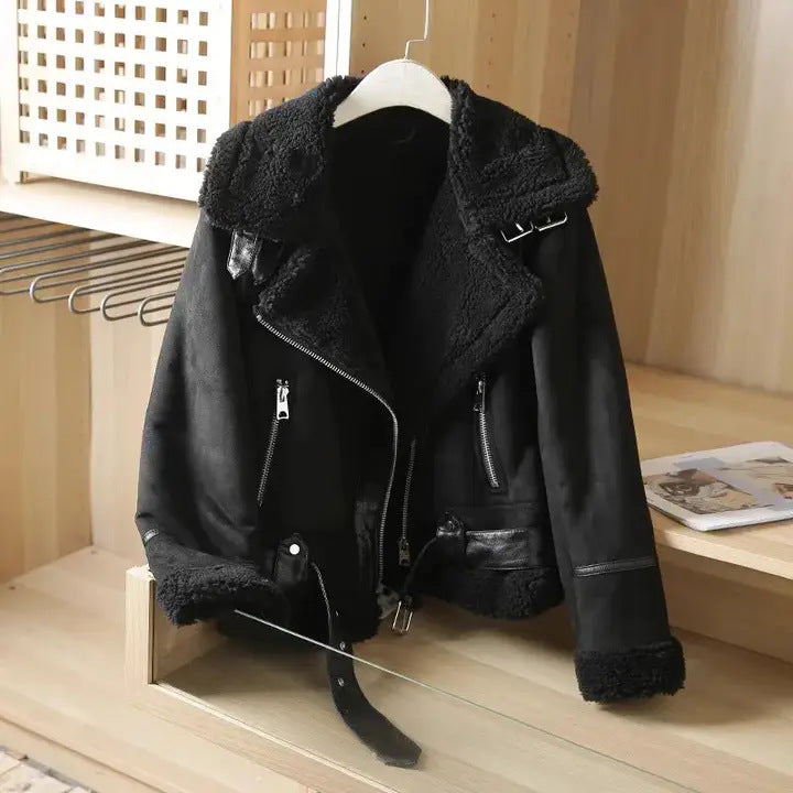 Damen Lederjacke Wildleder Mit Gürtel