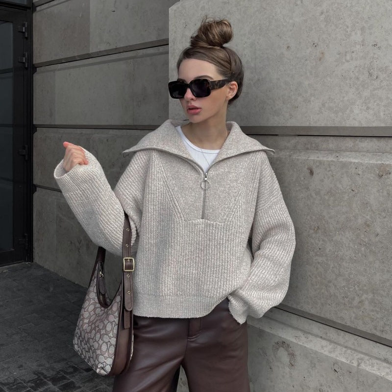 Damen Rippstrickpullover Weich Warm Reißverschluss Lässig