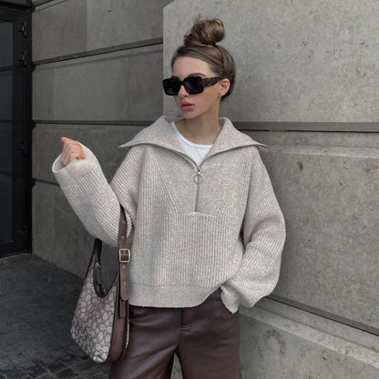 Damen Rippstrickpullover Weich Warm Reißverschluss Lässig