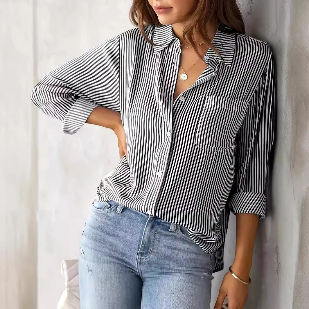 Damen Bluse Lässig Mit Streifenoptik Und Brusttasche