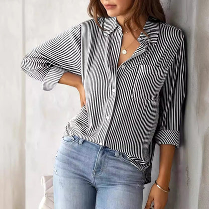 Damen Bluse Lässig Mit Streifenoptik Und Brusttasche