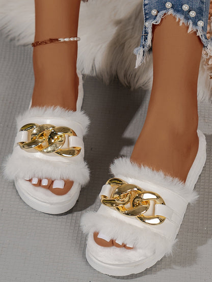 Damen Slides Sandalen Pelzbesatz Glitzerdetails