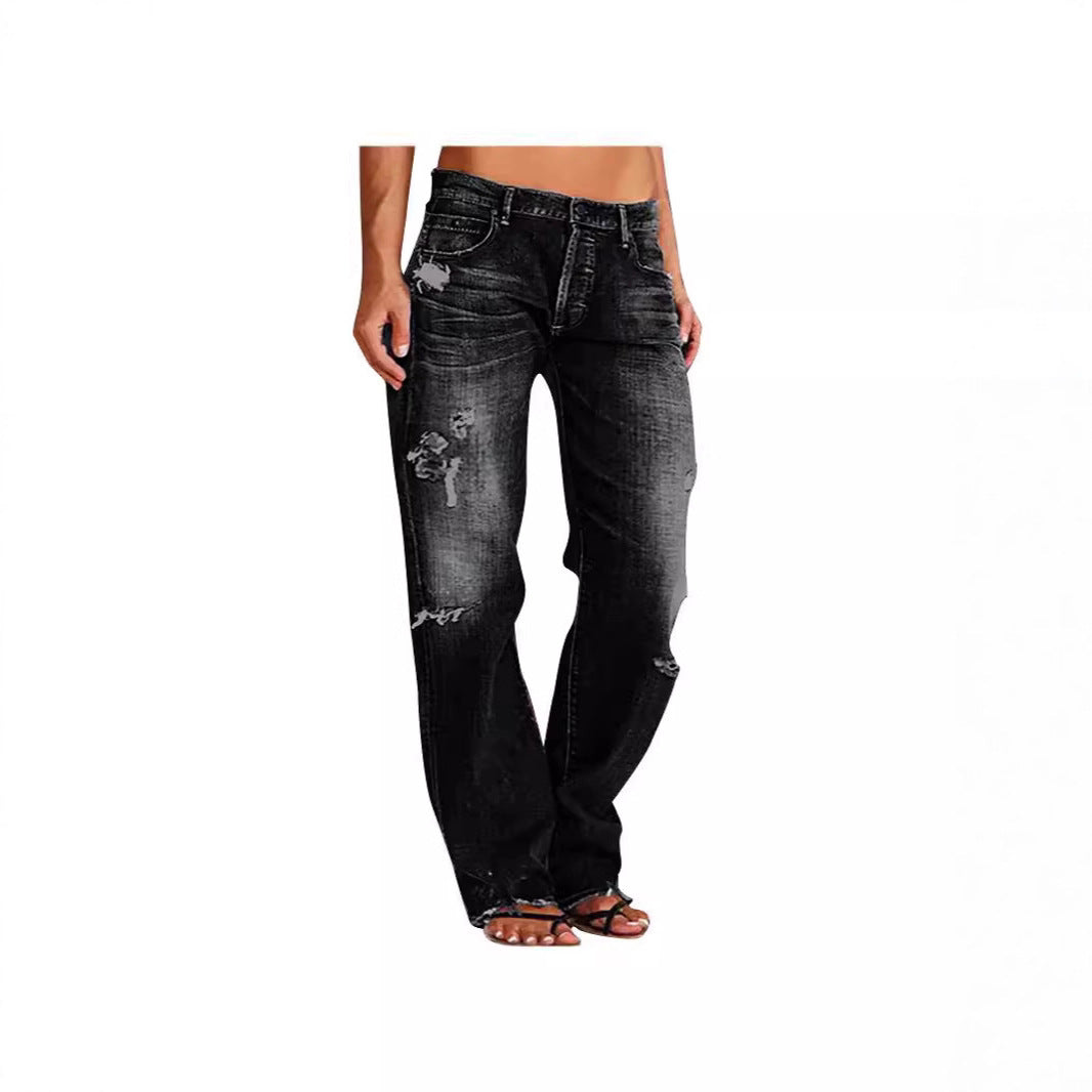 Damen Weitbein Jeans Destroyed Lässig Blau