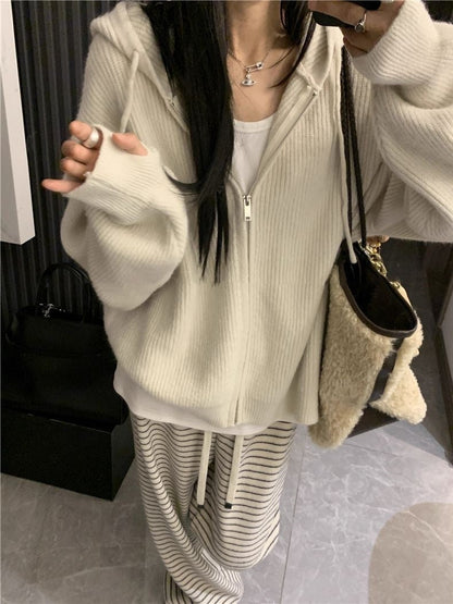 Damen Strickhoodie Großzügig mit Kapuze und Reißverschluss Weich