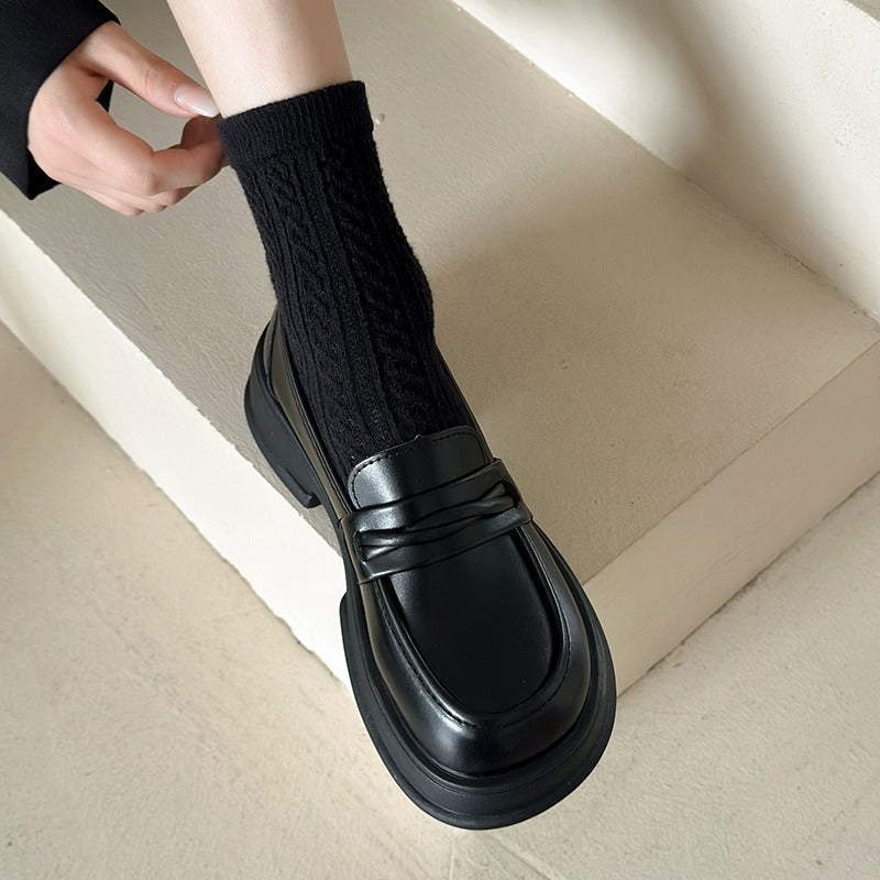 Damen Plateau Loafers Robust Leder Schwarz - Norvielle