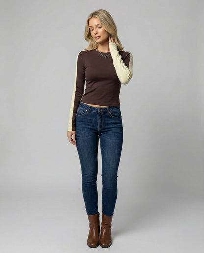 Damen Langarmshirt Slim Fit Grau Patchwork Oberteil