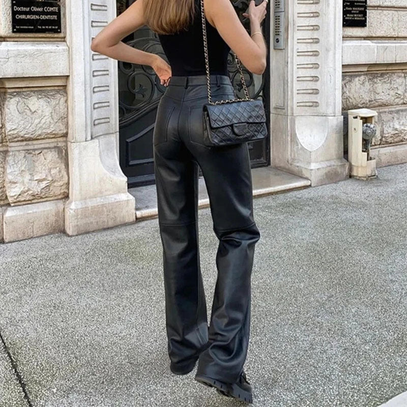 Damen Kunstlederhose Weitbein Elegant