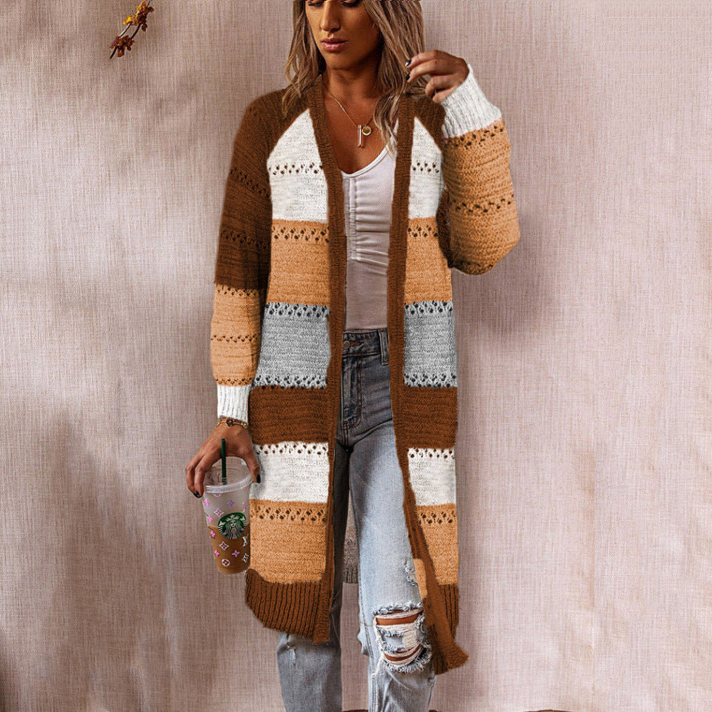 Damen Strickjacke Lang Streifenmuster Offen