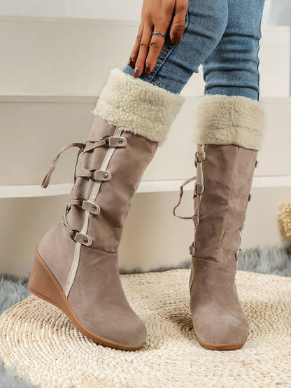Damen Wedge Stiefel Kuschelig Schnürsenkel Hochzeitsfarbe e Schuhe