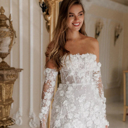 Elegant Hochzeitskleid Blumenmuster Durchsichtstoff - Norvielle